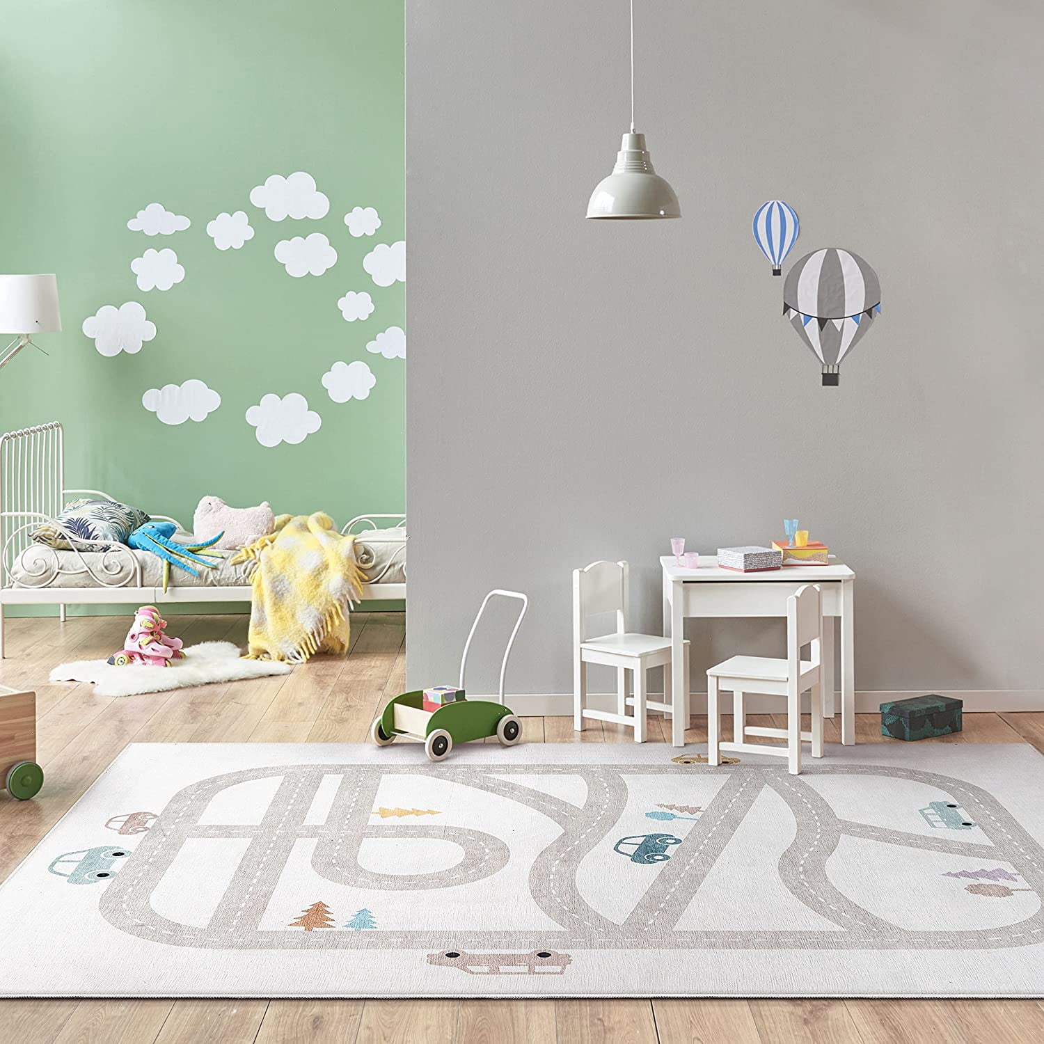 Well Woven Kids Rugs Playful Roads Modern Cartoon Grey Printed Distressed Machine Washable 5' x 7' Area Rug