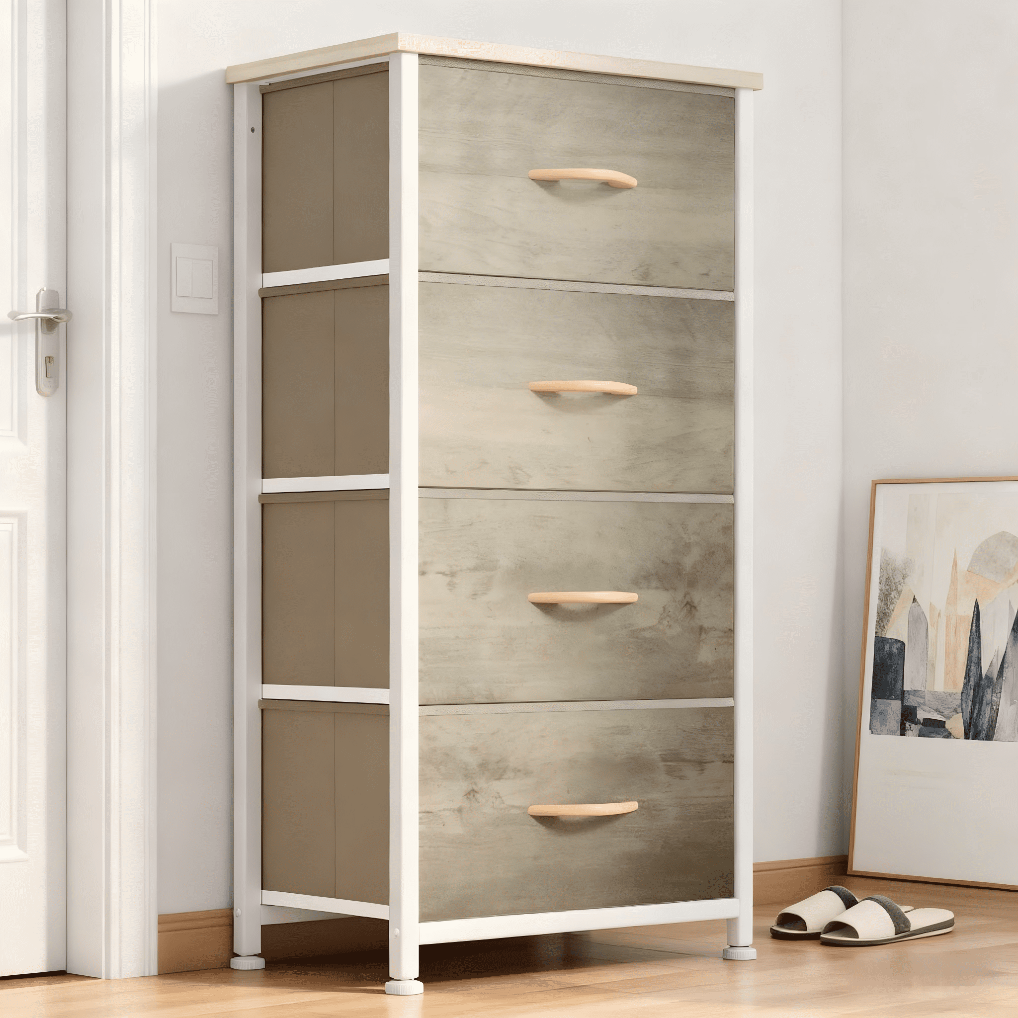 CONCETTA 4 Drawer Dresser, Wide Chest Drawers Nightstand Storage Tower Storage Fabric Dresser With Wood Top for Living Room, Bedroom, Closet, Oak