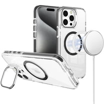 For Apple iPhone 16 Pro (6.3") Case, Built-in Camera Kick-Stand, Compatible with MagSafe, Transparent Colorful Edged Tough Hybrid TPU Phone Cover (Clear Black)