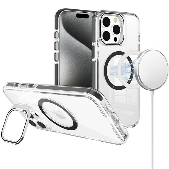 For Apple iPhone 16 Pro (6.3") Case, Built-in Camera Kick-Stand, Compatible with MagSafe, Transparent Colorful Edged Tough Hybrid TPU Phone Cover (Clear Black)