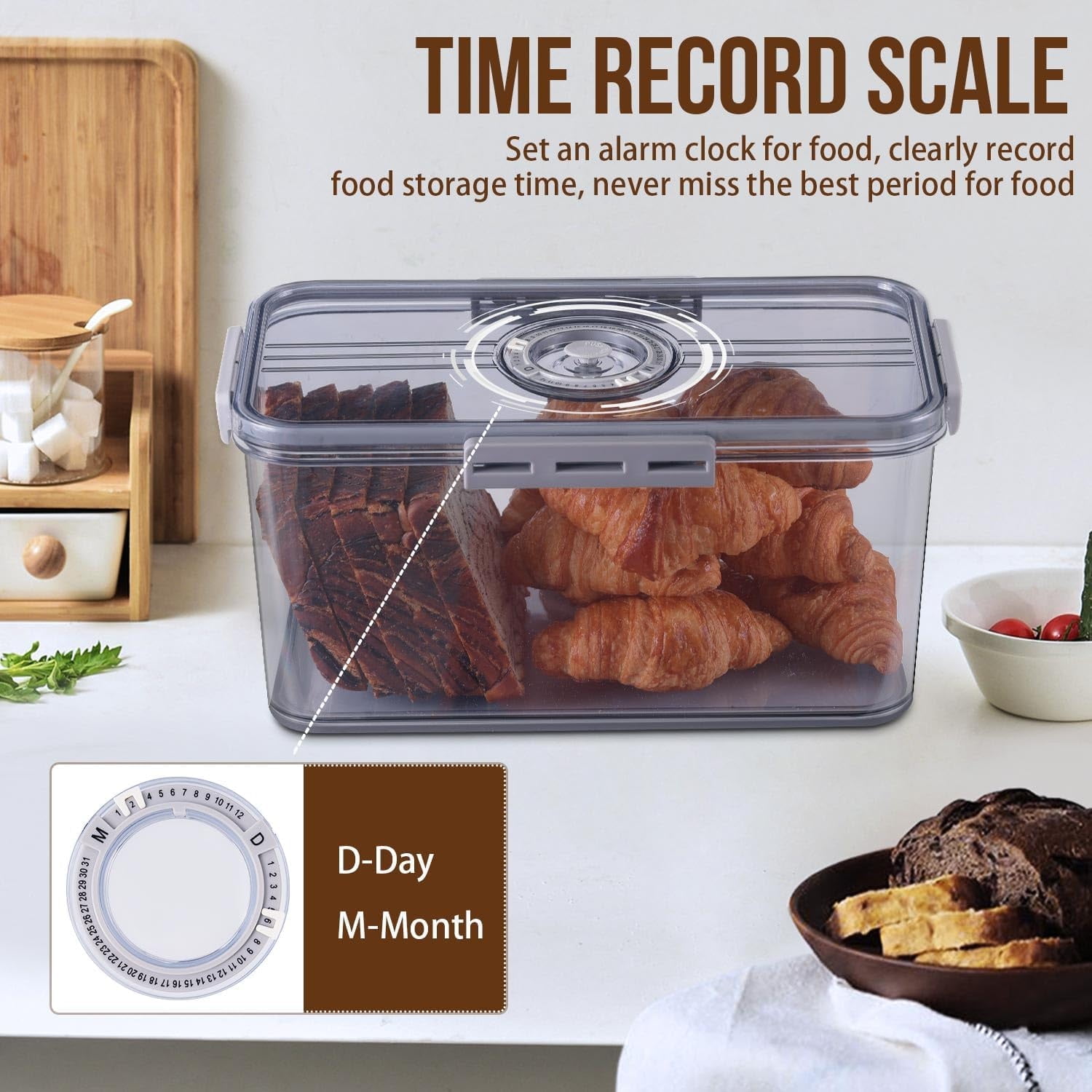 BAODELI Bread Box Bread Boxes for Kitchen Counter Airtight, Time Recording Bread Storage Container with Lid, Bread Keeper for Homemade Bread, Toast, Bagel, Donut and Cookies, (Extra large size)