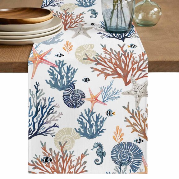 Table Runner 72 Inches Long for Kitchen Dining, Blue Coral Coastal Dresser Scarf Farmhouse, Dining Table Decorations for Wedding/Parties, Summer Beach Starfish Nautical 13 x 72 In