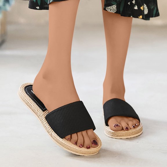 Kukoosong Flat Sandals Women Flip Flops for Women Shoes Summer Beach Sandals Slippers Imitation Hemp Rope Travel Flat-bottom Shoes Black Size 38