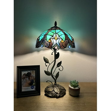 Tiffany Table Lamp Green Brown Stained Glass Iron Metal Leaves Bronze Base Included LED Bulb Liaison Lamp for Living Room Bedroom Bedside 20'H*10"W