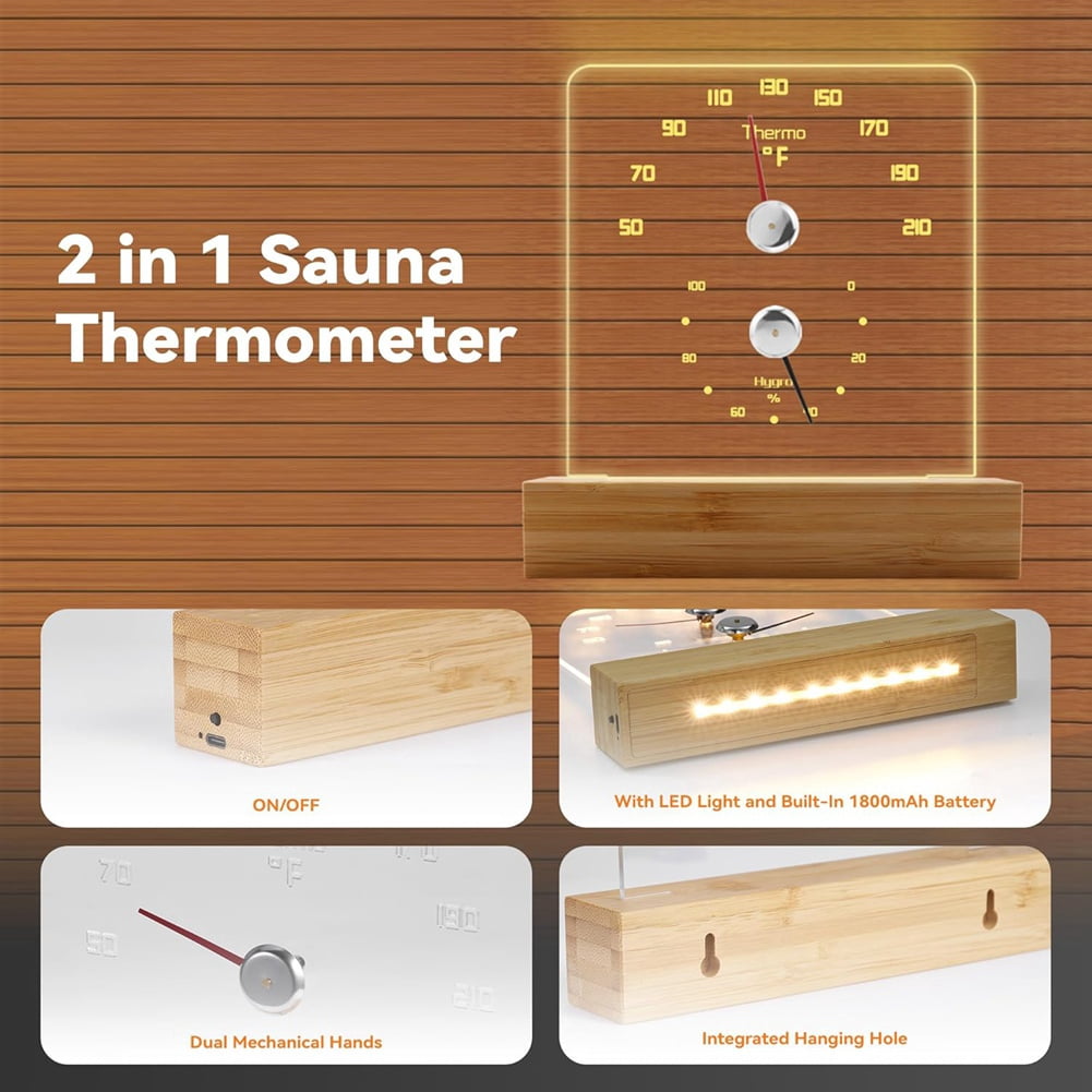 Sauna Thermometer 2 in 1 Fahrenheit Thermometer Hygrometer with LED Light Sauna Accessories for Sauna Room Hotel