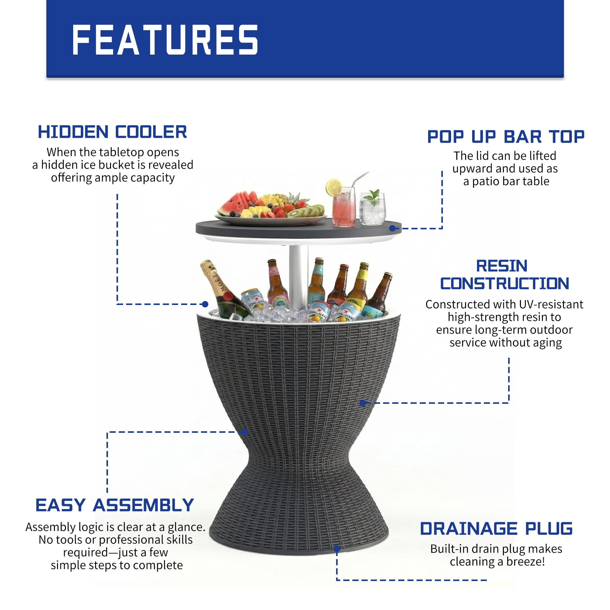 Fazzn  Outdoor Cooler Side Table - 3 in 1 - Designed for use as Outdoor Side Table, Patio Decor and Ice Chest.Black/Brown