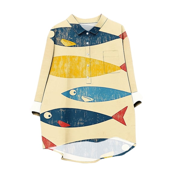 Women's Vintage Distressed Shirts Fish Printed Blouse with Lapel Loose Fit Button-Up Pullover Chest Pocket Long Sleeves Trendy Tunic Length Top for 2025 Autumn Casual Outfits