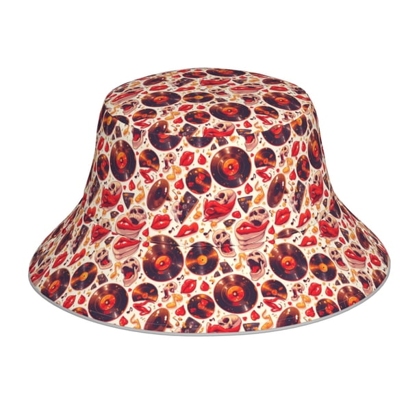Fotbe Skull rock record music heart Sombrero Tipo Pescador con Estampado – Sombrero de Sol de Algodón de Moda para Playa, Golf, Pesca