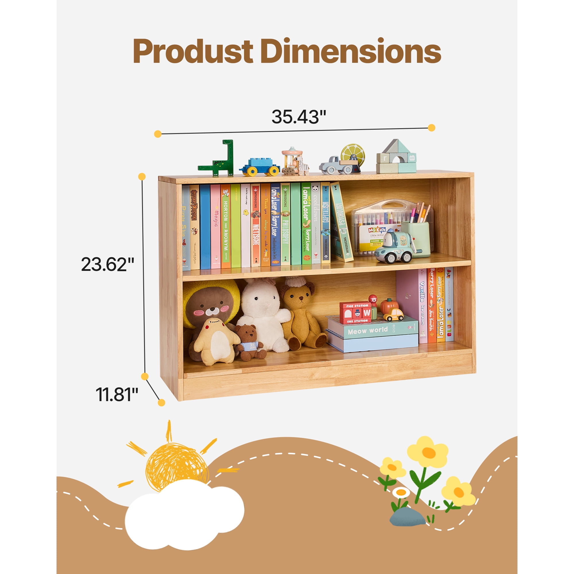 KFFKFF Montessori Bookshelf, 35.4-inch Wide Toy Organizer, 2-Tier Children's Display Cabinet, Daycare Furniture, Kids Storage Shelf for Bedroom, Nursery, Living Room, Entryway, Preschool, Brown