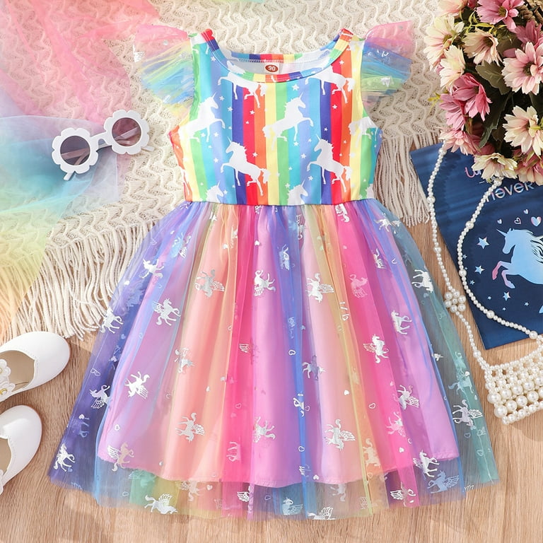 WOLLED 18M-6Y Girls Rainbow Mesh Dress for Toddler Baby Summer Flutter  Sleeve A-Line Dresses Tutu Princess Skirt