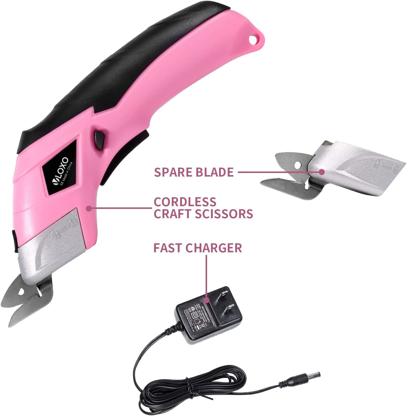 VLOXO Pink Power Electric Fabric Cutter - Cordless Craft Scissors for Cardboard, Carpet, Sewing, Crafts and Scrapbooking