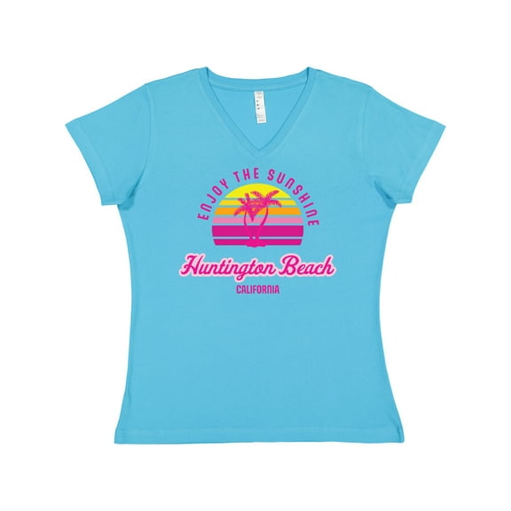 Inktastic Summer Enjoy the Sunshine Huntington Beach California Pink Women's V-Neck T-Shirt