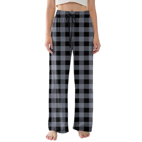 Women's Pajama Pants Lightweight Casual Comfy Palazzo Pants, Plaid Print Sleepwear Loungewear Bottoms with Pockets,Dark Gray,L