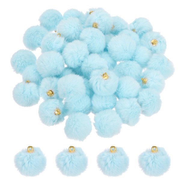 Uxcell 50Pcs Pom Pom Charm, 20mm Faux Fur Fluffy Fuzzy Keychain Pendants Balls, Soft Puff PomPom Charm Ball para manualidades DIY, aretes, llaveros, fabricación de joyas, azul claro