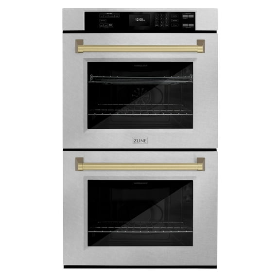 ZLINE 30" Autograph Double Wall Oven with Air Fry and Self-Clean in DuraSnowÂ® Stainless Steel and Champagne Bronze Handle, WADSZ-30-CB