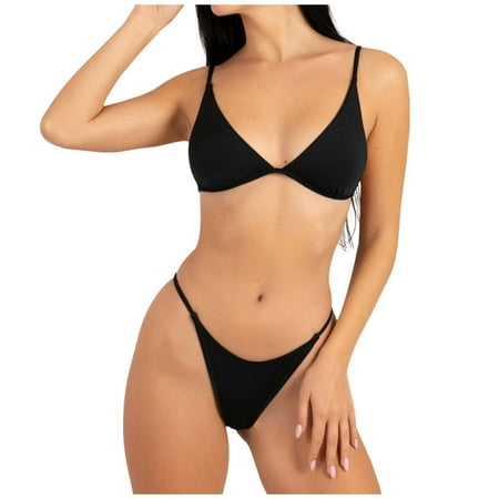 Cathalem Swimsuits for Women 2025 Women s Triangle Thong Bikini Set Sexy String Two Piece Swimsuit Cute Bathing Suit (Black M)