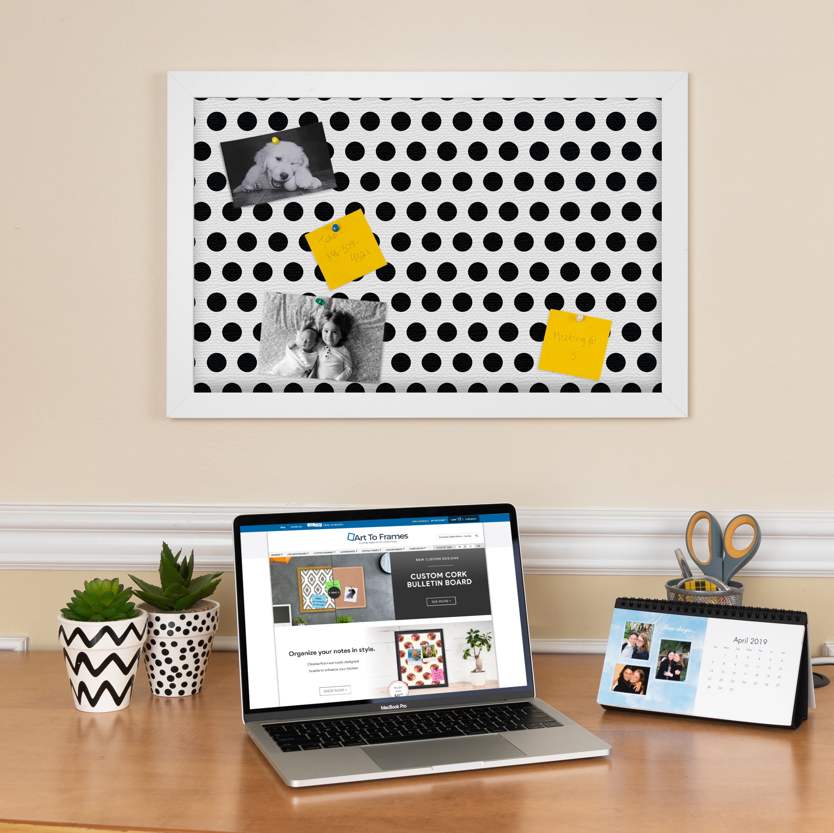 PinPix 14x12 Custom Cork Bulletin Board Black Polka Dot Poster Board Has a Fabric Style Canvas Finish, Framed in Black Polka Dot, by ArtToFrames (PinPix-200)