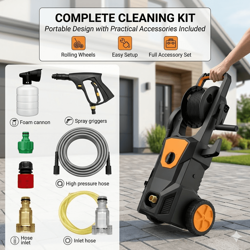 Electric Pressure Washer, 1600W Portable Power Washer with Hose Reel, Foam Cannon, Spray Gun, 7M High Pressure Hose & Quick Connect Kit, Pressure Washer Electric for Cars, Driveways, Patios &