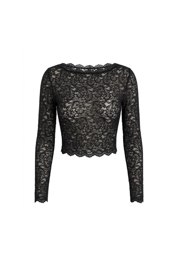 Womens Sheer Lace Cropped Long Sleeve Sultry Top Scallop Detail Crew Neck Layer Built In Camisole Slim Fitted Crop Blouse Black White Layering Casual Going Out Wear