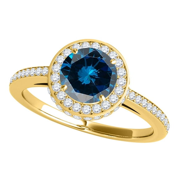 Engagement Rings for Women 1 Carat Halo Blue Diamond Engagement Ring Crafted 4 prong 14k Yellow Gold Genuine Diamond