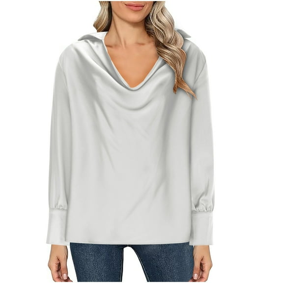 Lenpel Women's Fall Fashion Tops Long Sleeve V Neck Lapel Solid Color Oversized Shirts Casual Loose Blouses