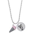 thumbnail image 1 of Delight Jewelry Silvertone 3-D Resin Strawberry Ice Cream Cone with Crystals Silvertone Script Initial Disc - G - Charm Necklace, 20"+3", 1 of 4