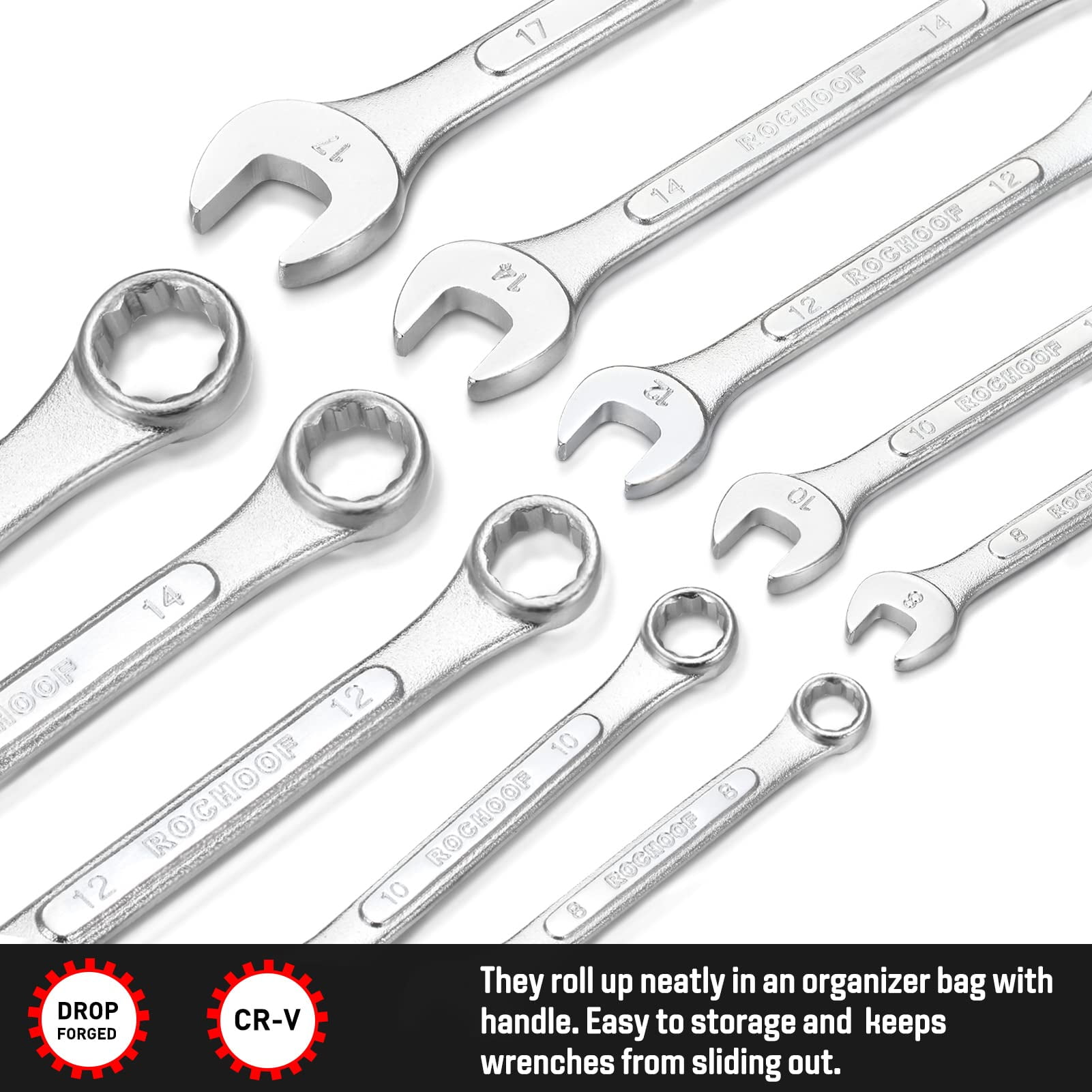 Combination Wrench Set Metric,10-Piece 6-19mm Combination Wrenches 12-Point Chrome Vanadium Steel Wrench Set with Rolling Pouch