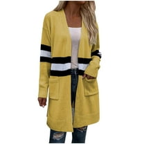 ZQUUVOU Women's Long Sweater Coat Cardigan Winter Striped Casual Long Sleeve Pocket Cardigan Blouse Tops Yellow