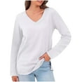 thumbnail image 2 of Craaazy Women's V Neck Long Sleeve Shirts Casual Curved Hem Tunic Tops Basic Loose Fit T Shirts Casual Tops Gifts, 2 of 6