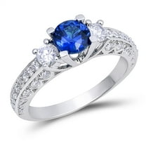 Simulated Sapphire Cubic Zirconia Three Stone Engagement Ring Sterling Silver Size 11