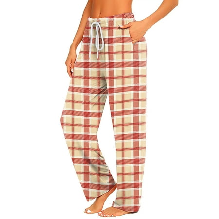 

Capreze Women Pj Bottoms Elastic Waist Sleepwear Plaid Pajama Pants Comfy Lounge Pant Wide Leg Trousers Light Red M