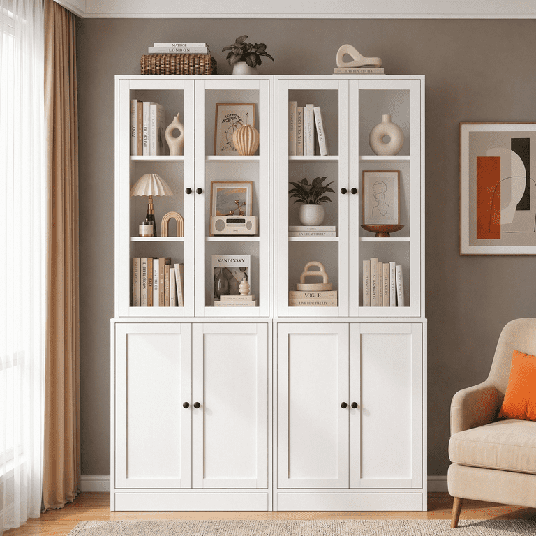 RichYa 71'' Tall Bookcase with Glass Door, 4 Doors Display