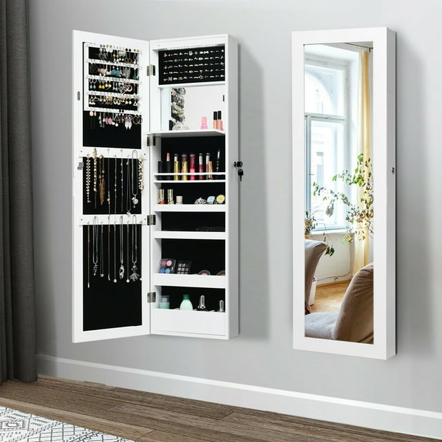 Gymax Armoire à Bijoux Murale et de Porte Verrouillable avec Lumières DEL, Blanc