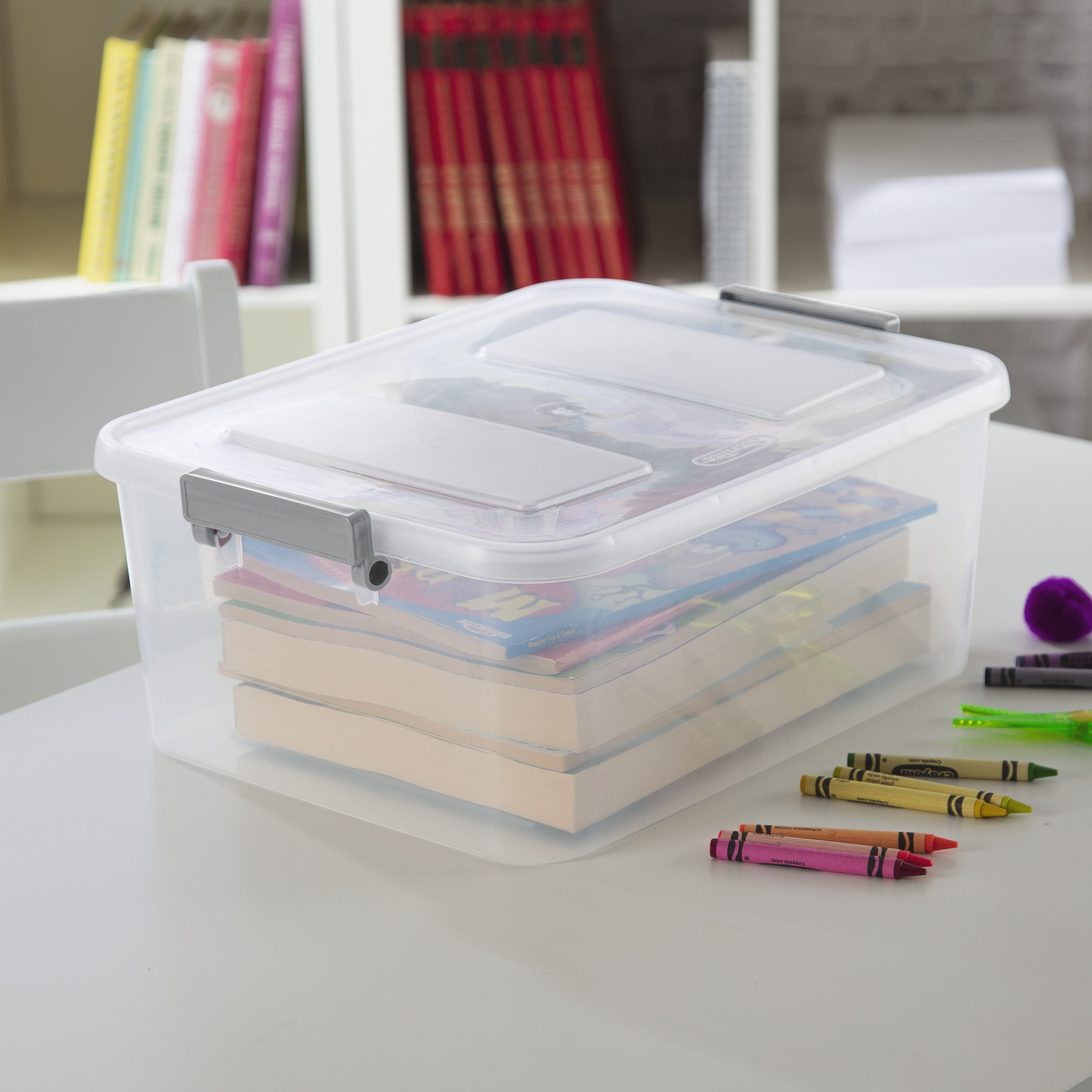 Sterilite Modular 12.7 Quart Small Latching Storage Bin, Clear Plastic Storage Container with Write-on ID Latches, Gray