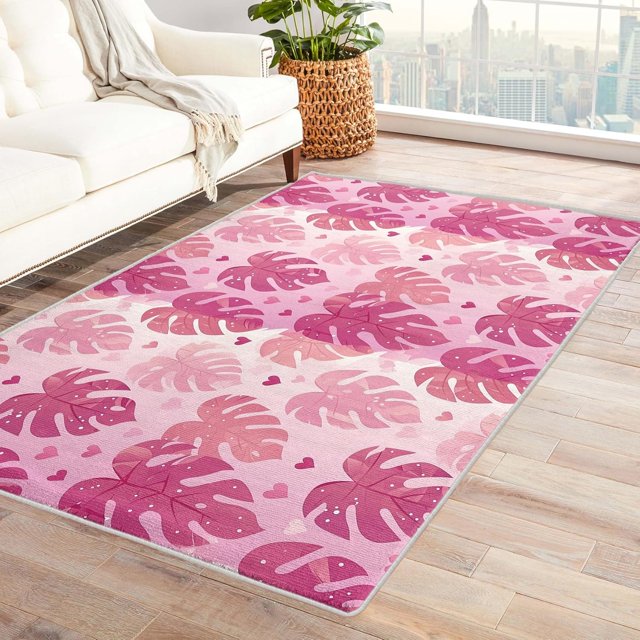 Monstera Rugs for Living Room Bedroom - Heart Rug 4x5 - Pink Carpet for Home Decor - Washable Non Slip Patterned Indoor Large Area Rug - Soft & Low Pile (ZK&768)