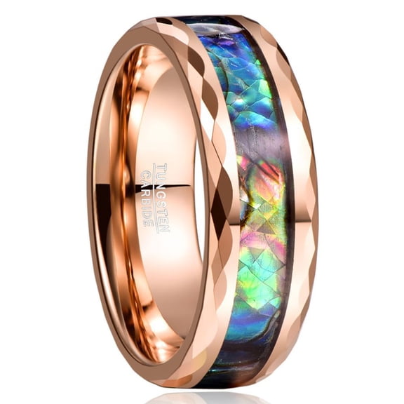 Rose Gold Faceted Men's Tungsten Steel Ring with Abalone Shell Inlay