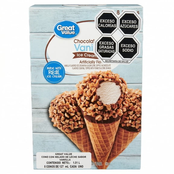 Cono Great Value con helado de leche sabor vainilla 8 pzas de 127 ml c/u