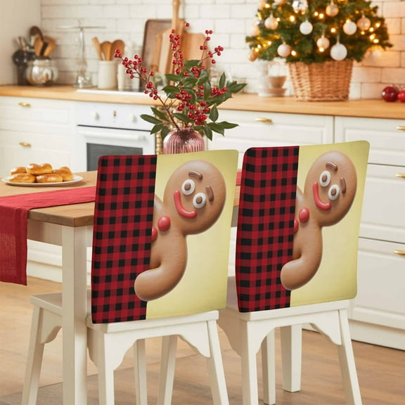Christmas Gingerbread Man Chair Covers Set of 4 Red Buffalo Plaid Retro Funny Chair Back Covers Stretch Removable Washable Slipcovers Protector for Dining Room Kitchen Party Decor