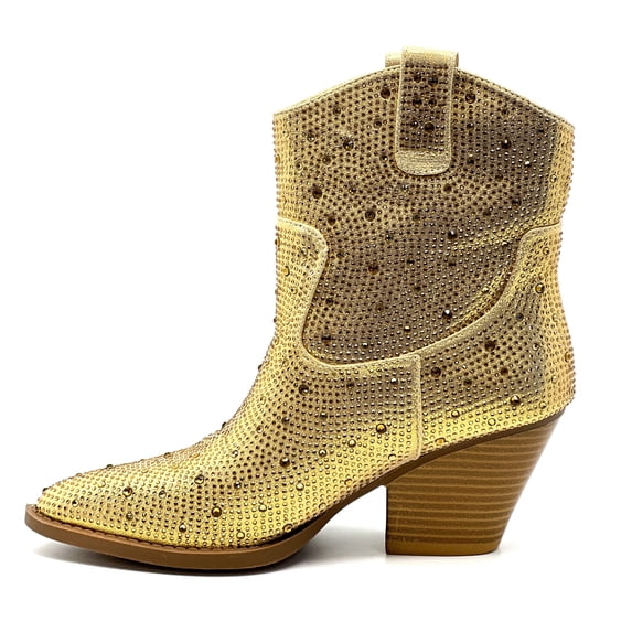 Forever Women Cowgirl Cowboy Western Ankle Boots Pointy Toe Rhinestone Bling Short Booties RIVER-01 Gold 8.5