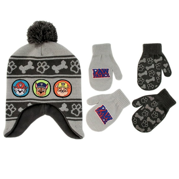 Nickelodeon Little Boys Paw Patrol Hat & 2 Pairs Mittens/Gloves Cold Weather Set, Age 2-7