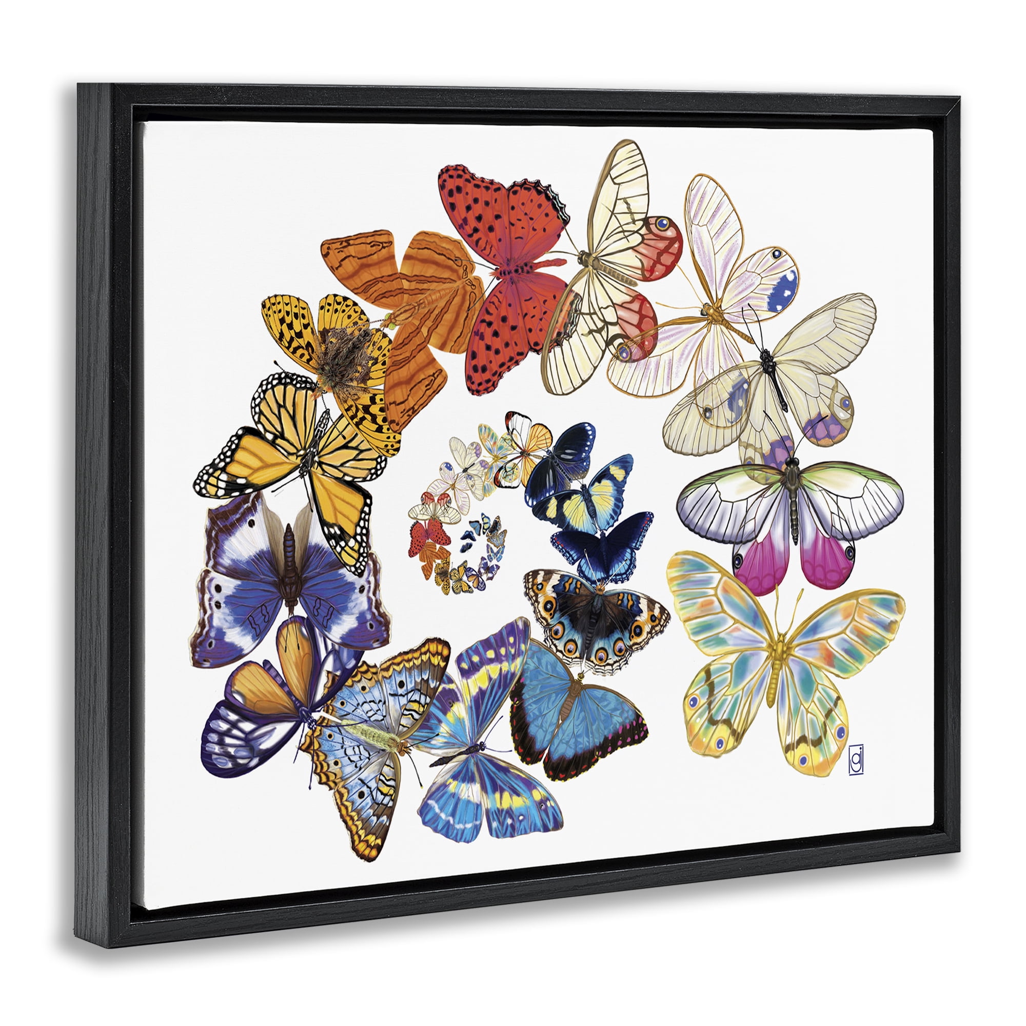 Stupell Industries Flying Butterfly Spiral Animals Painting Black Floater Framed Canvas Art Print Wall Art, 31 x 25