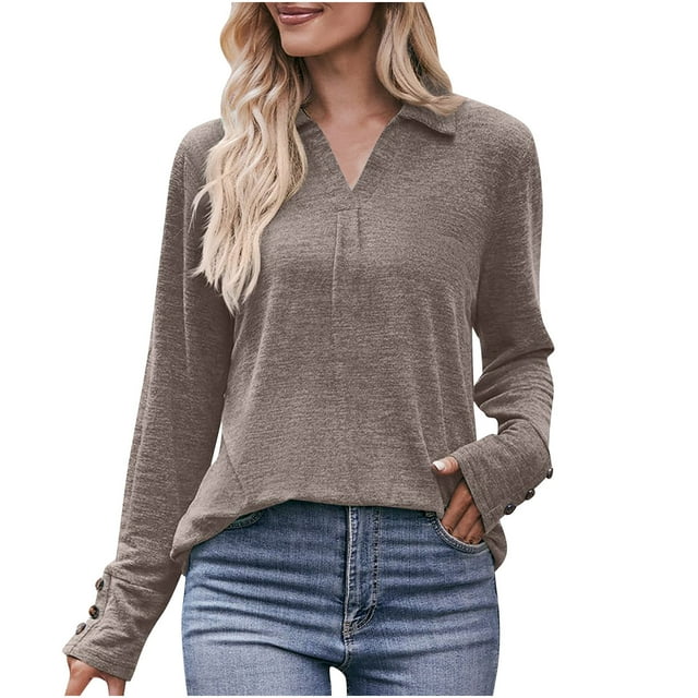 Yuyuzo Womens T Shirts Long Sleeve Tops V Neck Shirts Solid Color Basic Tees Tops Blouses