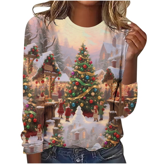 YUGYXL Women's Christmas Shirts Long Sleeve Christmas Tree Tshirts Casual Crew Neck Xmas Pullover Plus Size Holiday Tops B Red XL