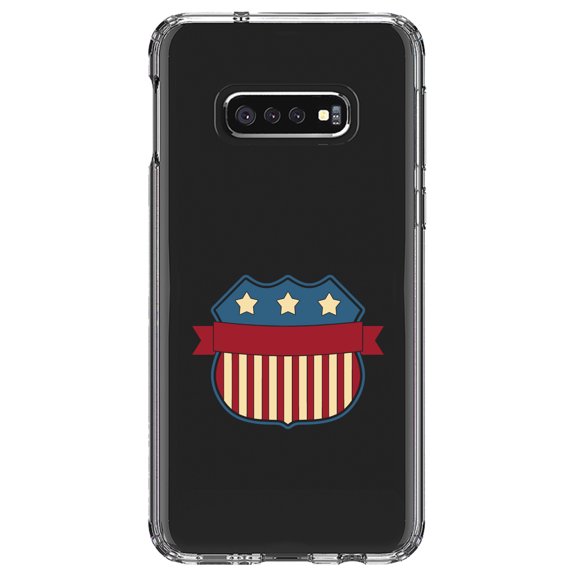 DistinctInk Clear Shockproof Hybrid Case for Samsung Galaxy S10e (5.8" Screen) - TPU Bumper Acrylic Back Tempered Glass Screen Protector - USA Badge Flag Red White & Blue