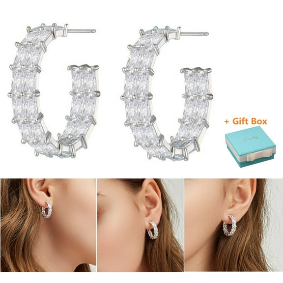 C-shaped Earrings with Synthetic Cubic Zirconia & 925 Sterling Silver Needle for Women Bridal Wedding Holiday Earring Studs Gift for Her, Silver