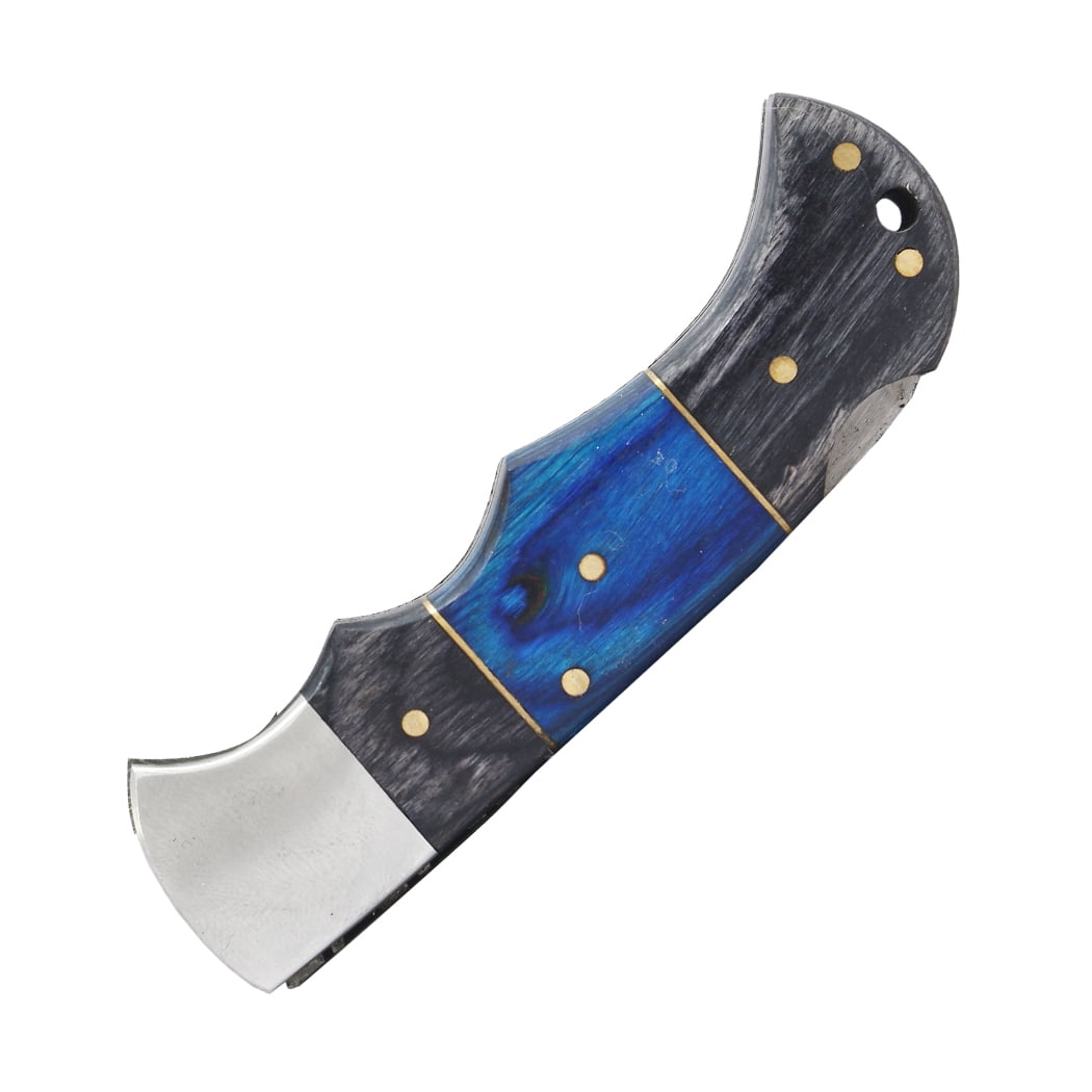 TheBoneEdge 6.5" Damascus Blade Folding Knife Black & Blue Wood Handle With Pouch