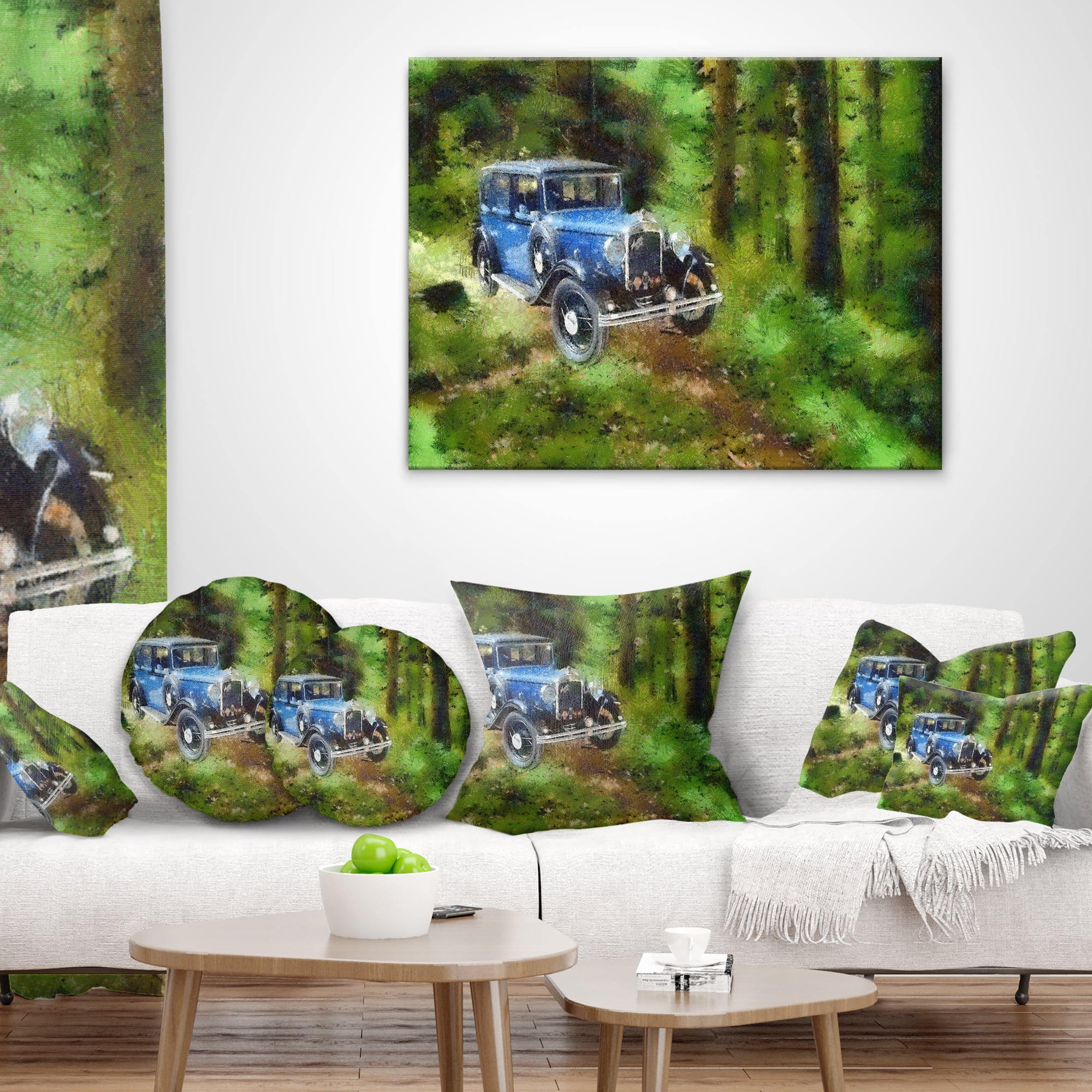 Designart Dark Blue Vintage Car Oil Painting - Car Throw Pillow - 18x18