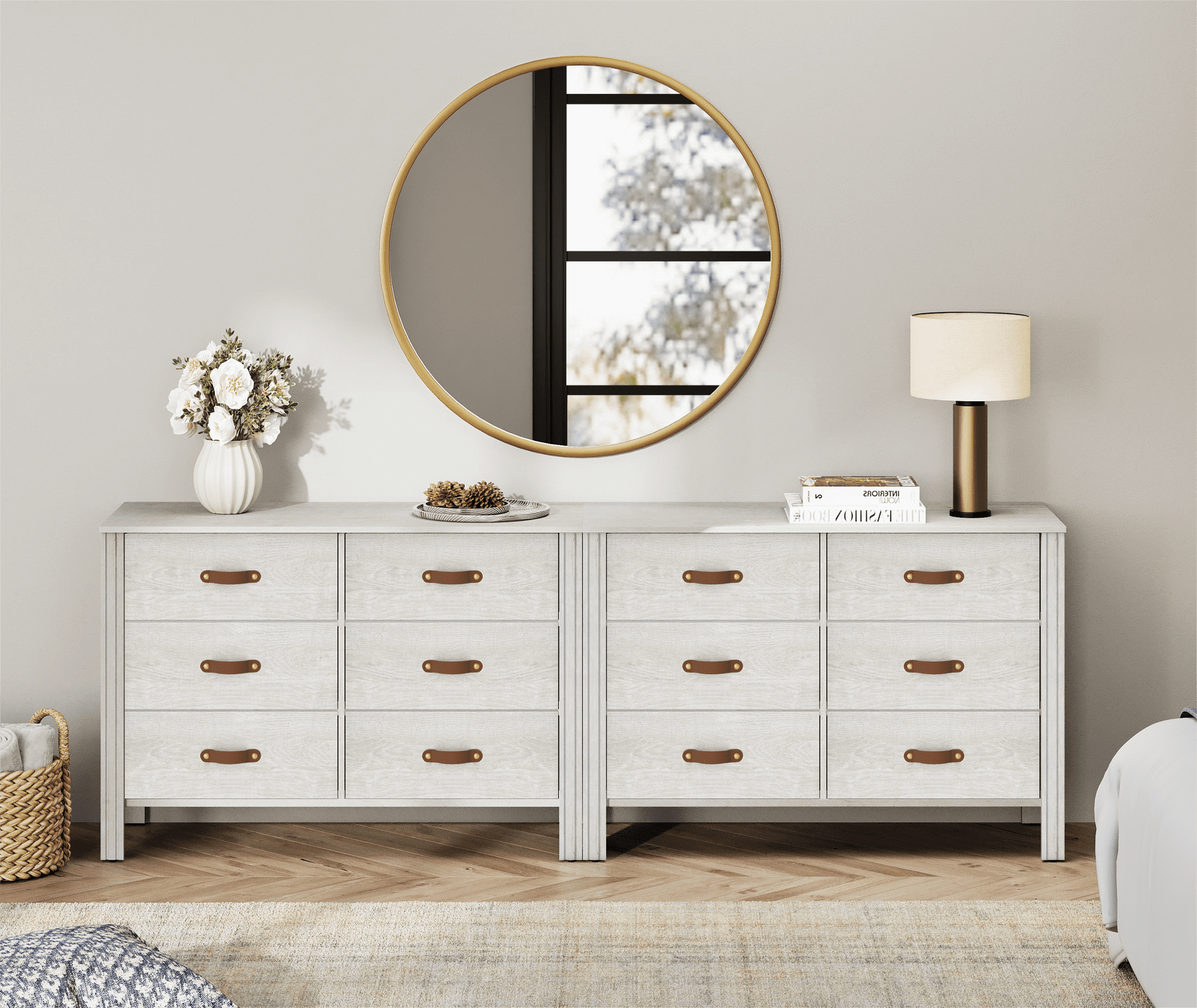 White Long Dresser for Bedroom Large Wood Dresser with 6 Drawers