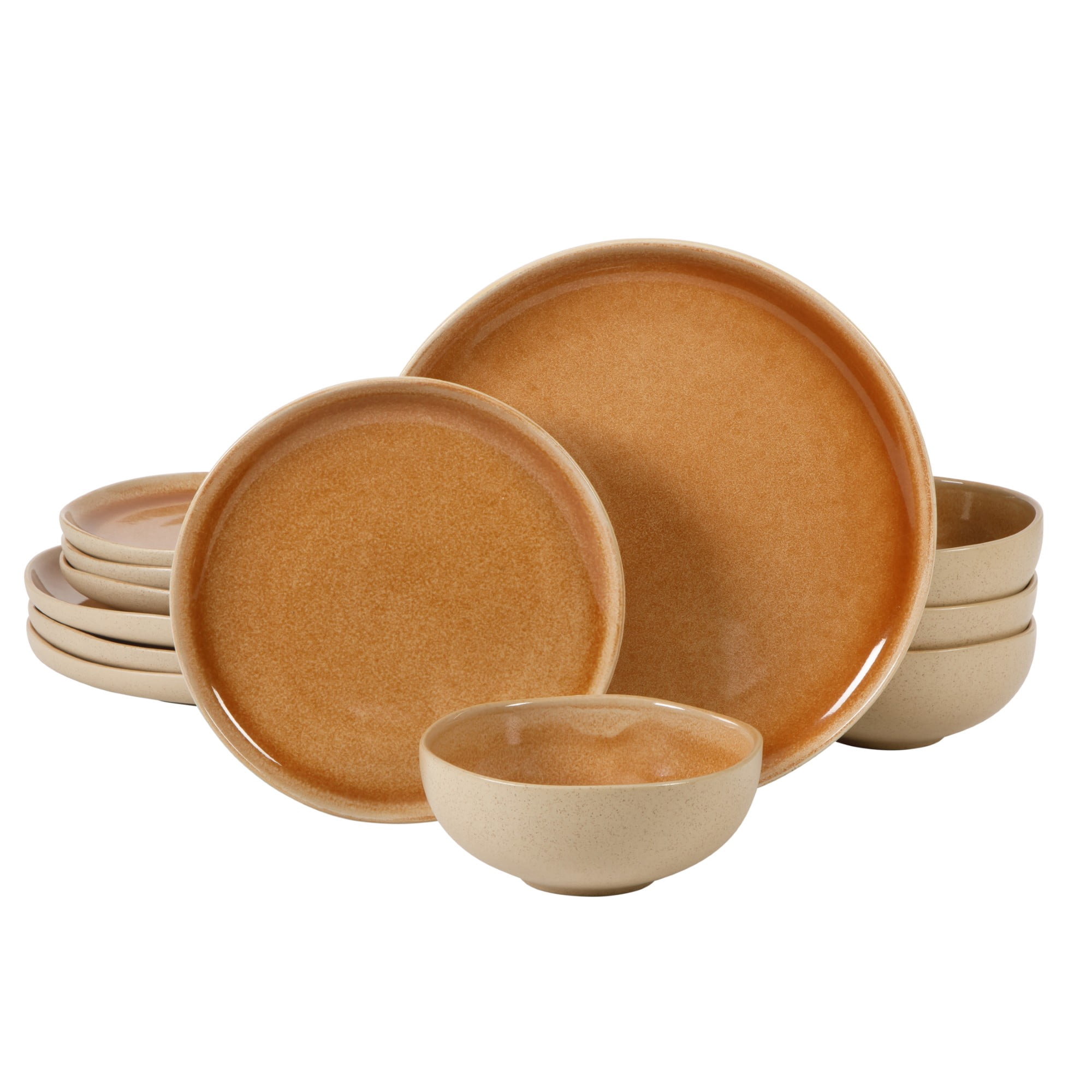 Gibson Elite Manila Bay 12-Piece Stoneware Dinnerware Set, Service for 4, Reactive Glaze Modern Artisan Plates, Bowls & Mugs, Orange, Round Design