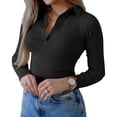 thumbnail image 2 of Long Sleeve Solid Color Women V-neck Slim Fit Polo Shirt, 2 of 5